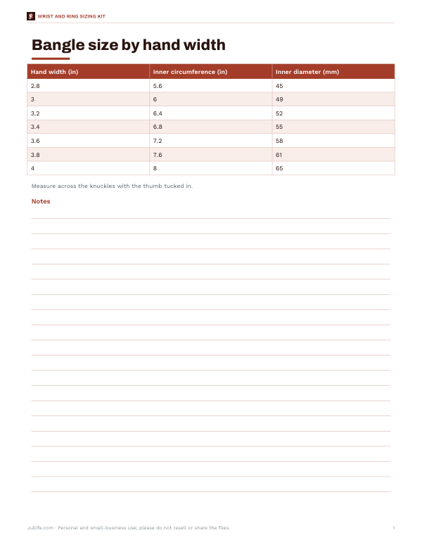 Preview of Printable Bangle Size Chart