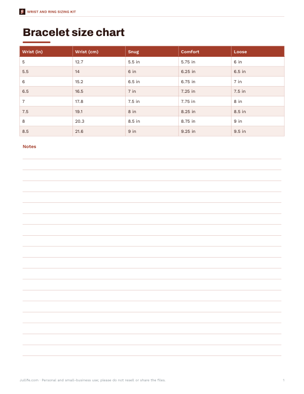 Preview of Printable Bracelet Size Chart