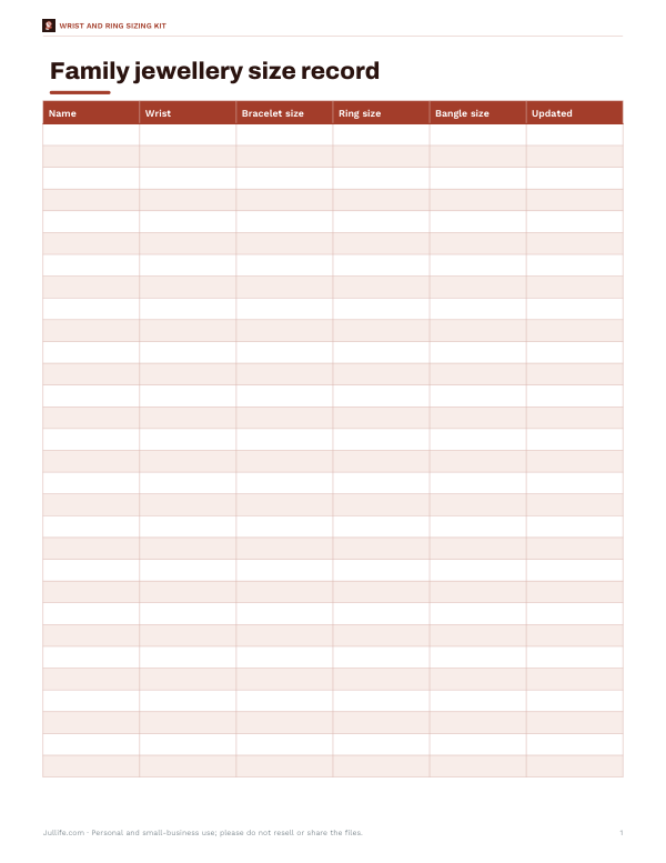 Preview of Printable Family Jewelry Size Record